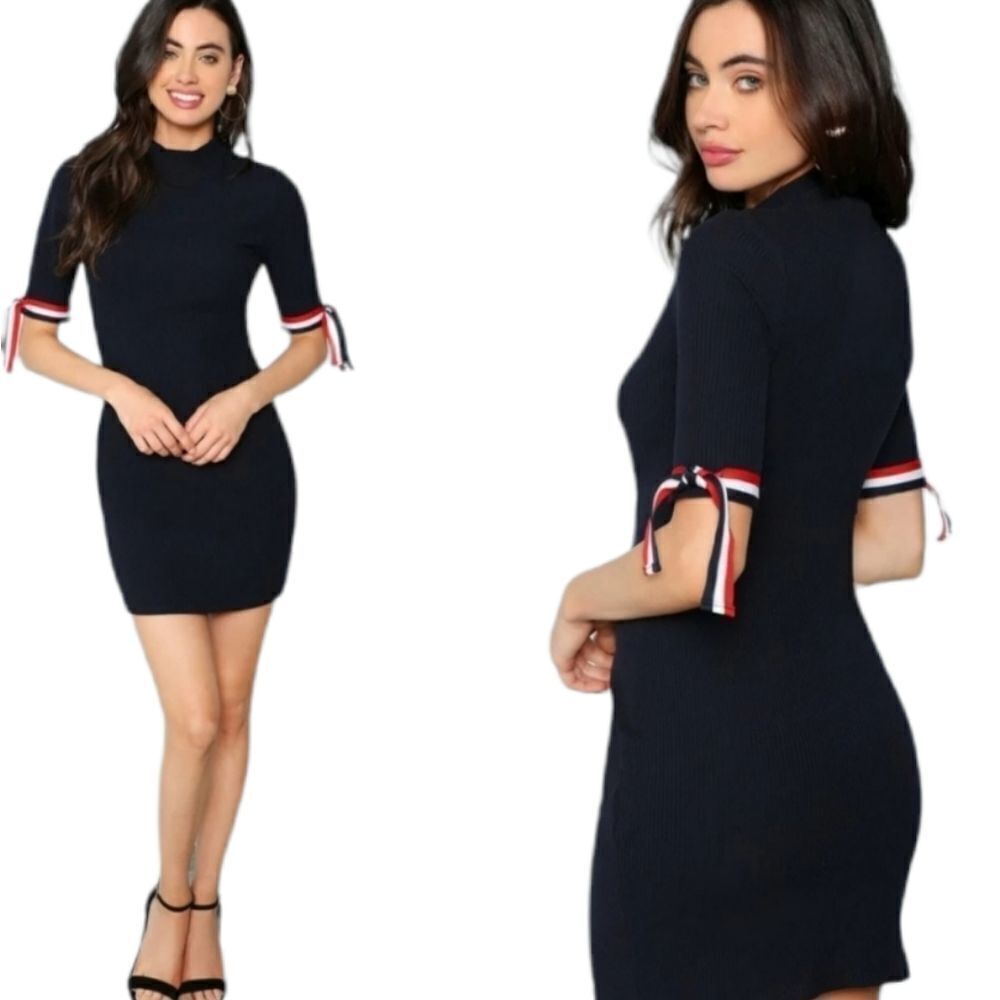 SHEIN dress mock neck knot cuff ribbed navy blue bodycon Americana M